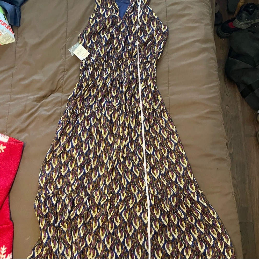 Elegant Multicolor Sleeveless Maxi Dress with Elastic Waist Size 10